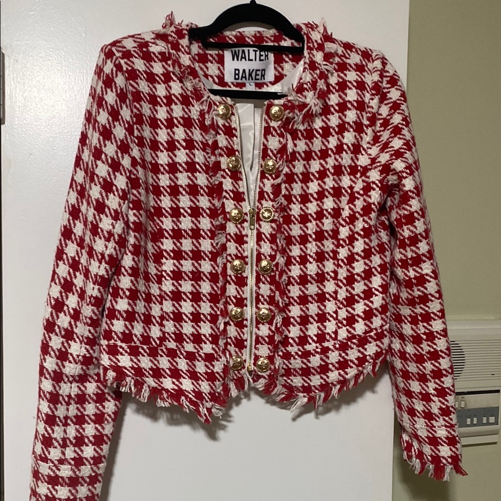 Walter Baker Red and White Gingham Blazer with Fringe